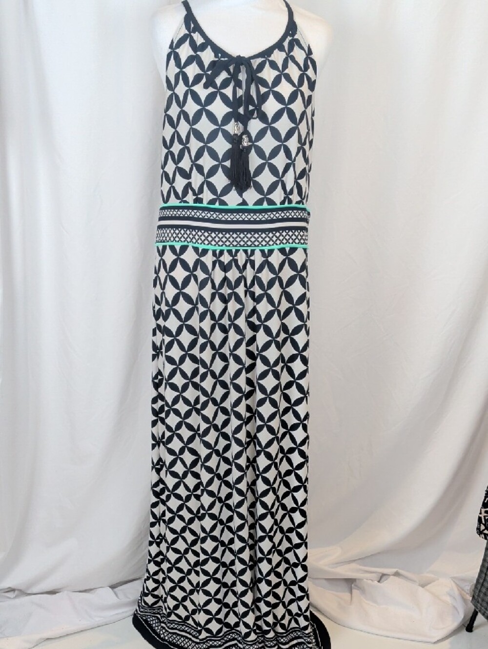 Sandra Darren Geometric Halter Maxi Dress Tassels Stretchy - 16 EUC
